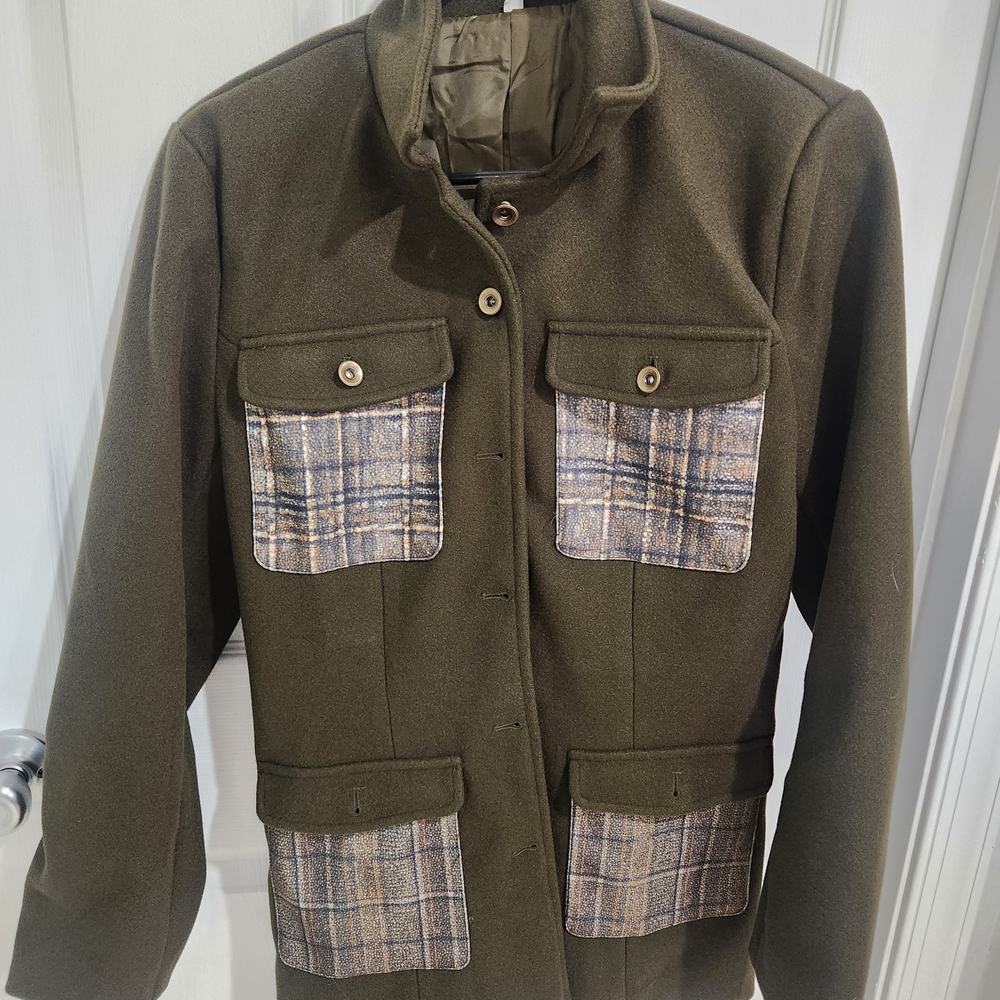Olive Green Jacket with Plaid Accents